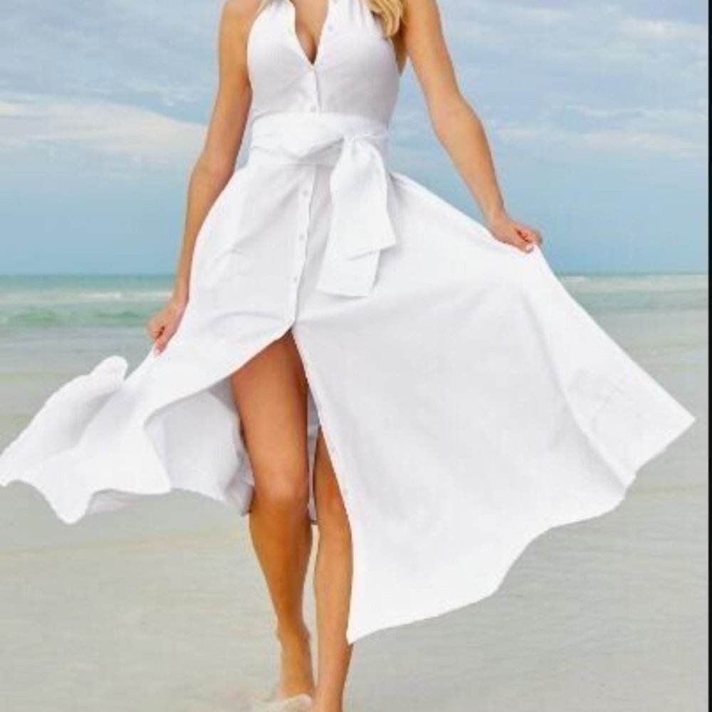 Boston Proper Maxi Length Belted Poplin Shirt SMALL- 8 Dress White breezy halter